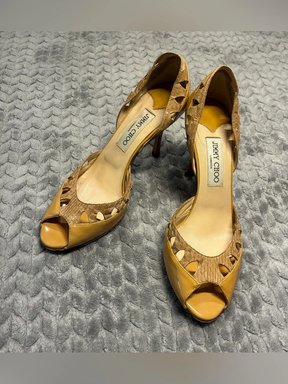 Jimmy Choo Mustard Yellow & Tan Cutout Peep-Toe Leather Heels